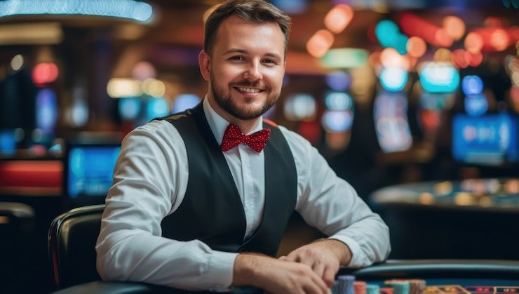 Meja Caribbean Stud Poker dealer langsung di platform devo88 menampilkan kartu pemain dan dealer